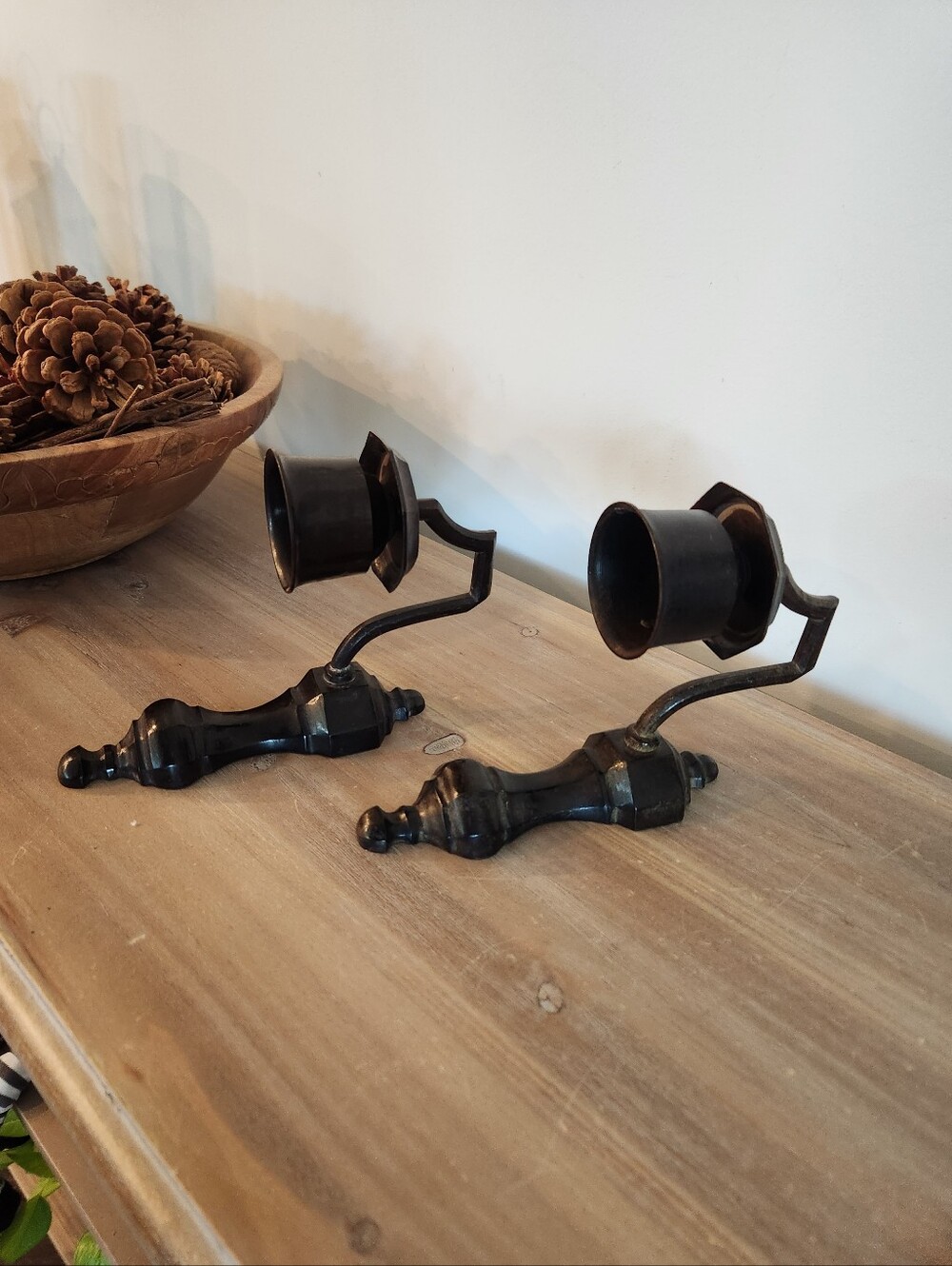 Vintage Pair Dark Wood Metal Wall Candle Sconces Gothic Colonial Decor